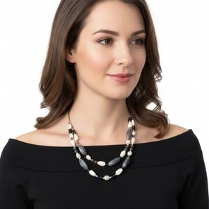 Faux Pearl Smoky Grey Beaded Necklace Dual Strand Adjustable Boho Luxe Fashion